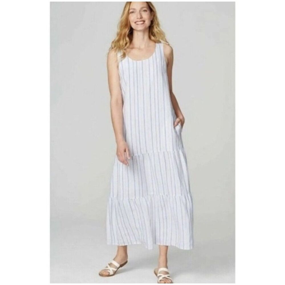 J. Jill Love Linen 100% Linen Striped Tiered Midi Sleeveless Dress LP